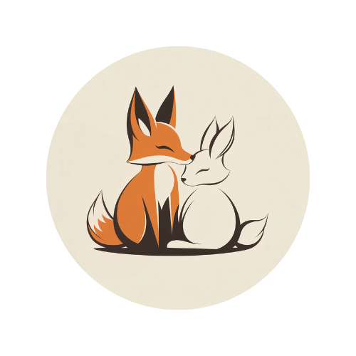 The Cozy Burrow Logo, a cartoon fox nuzzle a cartoon rabbit in a cream colored circle.